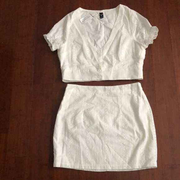 437 White Top with Gingham and Eyelet Skirt and Bow Trim
